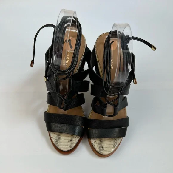 Calvin Klein Penelope Black Leather Strappy Lace-Up Block Heel Sandals 7 - Picture 7 of 14